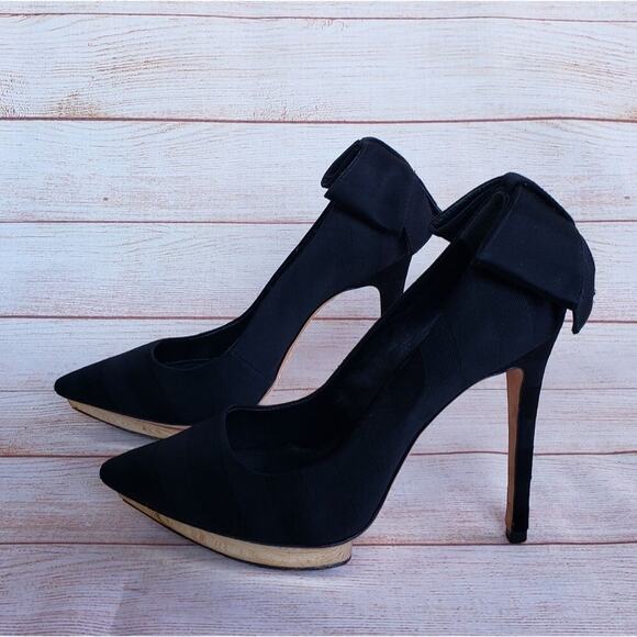 Alice + Olivia by Stacey Bendet Black Faille Fabric Platform Heels Bow Pumps - Picture 2 of 16
